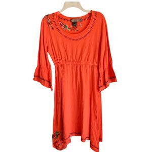 Urban Mango Dress Medium Orange Floral Embroidery Handerkerchief Hem Bell Sleeve